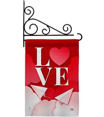 Paper Love Plane Garden Flag Set Wall Holder Spring Valentines Happy Heart Co...