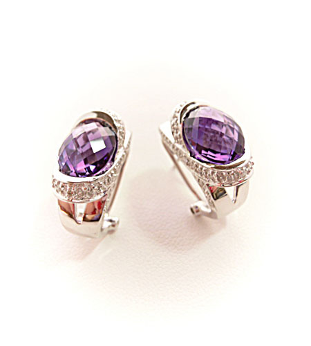 Pre-owned Amethyst Oval Purple  & White Diamonds Earrings Omega Back In 14k Yellow Gold