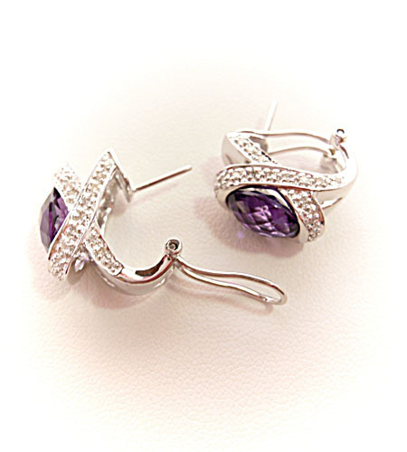 Pre-owned Amethyst Oval Purple  & White Diamonds Earrings Omega Back In 14k Yellow Gold