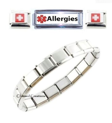 Allergies Caduceus Medical Alert 9mm Italian Charm Super Link Bracelet