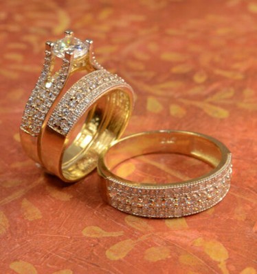 10K Solid Yellow Gold Trio Wedding Ring Set Diamond Engagement Band His And Her