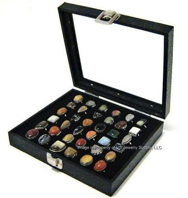 1 Key Lock Locking Glass Top Lid Black 36 Ring Display Portable Storage Box Case