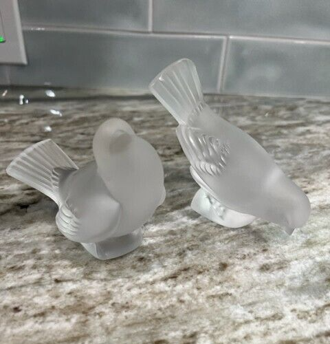 Lalique Frosted Crystal Glass Birds Set Of 2 Signed Vintage