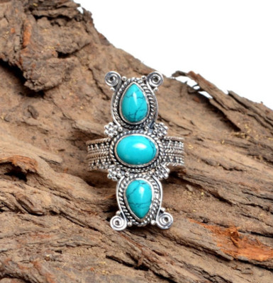 Natural Turquoise Ring 925 Sterling Silver Three Stone Ring Unique Ring Handmade