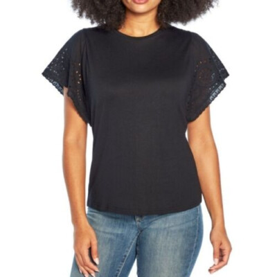 New $45 GAP Women's XXL Eyelet Flutter Short Sleeve blouse true black R2
