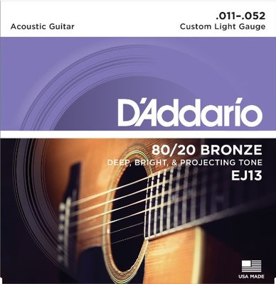 D'Addario EJ13 80/20 Bronze Acoustic Guitar Strings, Custom Light, 11-52