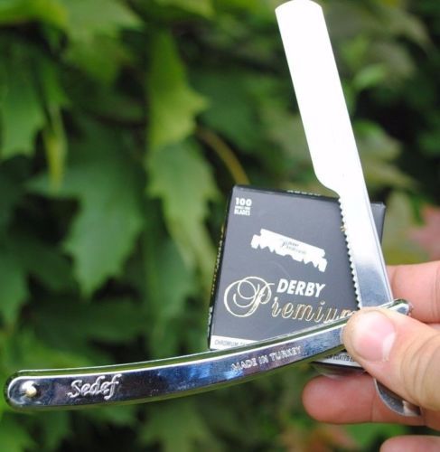 100 Derby Premium Rasierklingen + Rasiermesser Set Sedef Chrom
