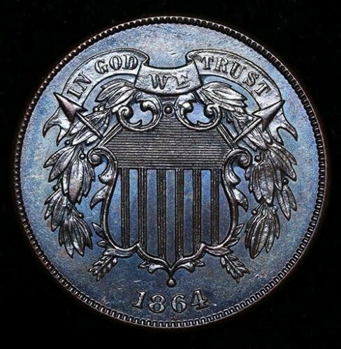 1864 Two Cent Piece, Outstanding Blue Toning, Gem Coin