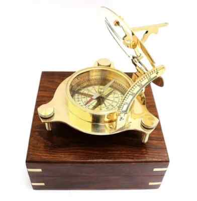 Antique Sundial Compass brass nautical wooden box Vintage London west maritime