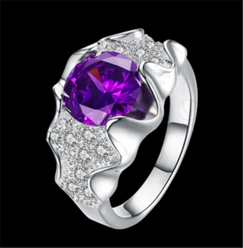 LUXURY PLATINUM PLATED 18 K WHITE GOLD FILLED RING + PURPLE CZ ~ SIZE 8 ~ NEW