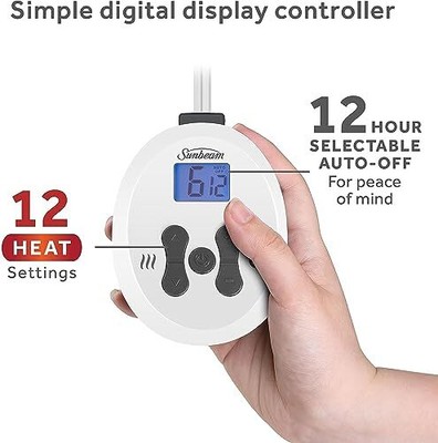 Sunbeam Restful Heated Mattress Pad 12 Heat Settings, Full White