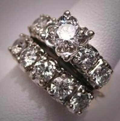 Vintage Art Deco 2.10Ct Round Lab Created Diamond 925 Silver Engagement Ring Set