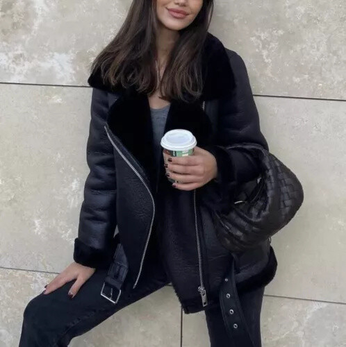 Pre-owned Op Women's Black Raf Aviator Jacket Fur Shearling Real Leather Bomber Jacket Coat