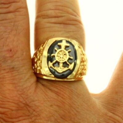 Marin Anchor Oval Black Onyx Nugget Men Ring New 14k Yellow Gold 11.3 Gr Size 9