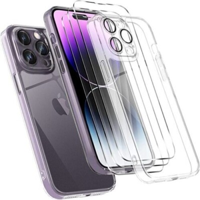     Clear Iphone 14 Pro Max Phone Case and 3 pack glass screen protector   