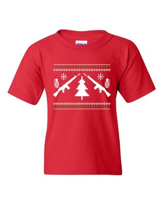 Guns Ugly Christmas Rifle Tree Grenade Funny Humor DT Youth Kids T-Shirt Tee