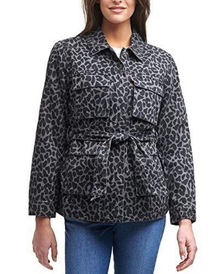 Levis Womens Belted Shirt Jacket S Lined Zip Snap Front Black Gray Leopard NEW