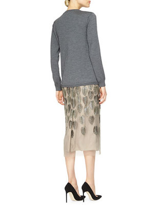 Pre-owned Pink Rose $1595 Lela Rose Grey Cashmere Feather Beads Hand Embroidered Sweater Xs S M In Gray