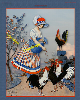 5x7 Vintage 1934 ROOSTERS WITH MARIANN La Vie Parisienne farm chicken Art print