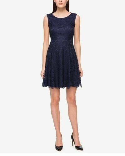 Элегантное темно-синее кружевное платье Jessica Simpson NWT с расклешенным вырезом на спине, размер 8