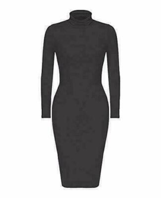 Womens Turtle Polo Neck Long Sleeve Plain Stretch Bodycon Ladies Midi Dress 8-26