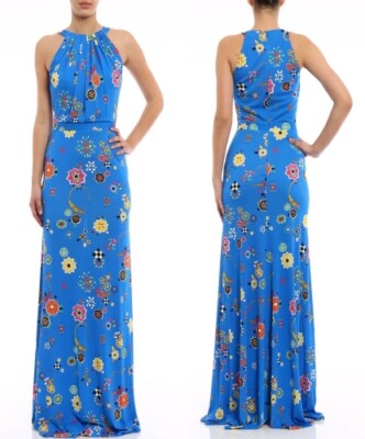 EMILIO PUCCI Floral Grasshopper Blue Silk Jersey Gown Maxi Dress US M/IT42 $1790