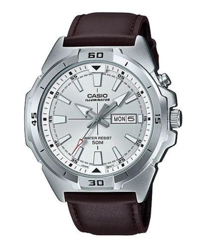 Casio MTPE203L-7A BROWN Leather Men Watch SUPER ILLUMINATOR Day/Date SILVER Dial 4549526186509