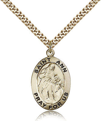 Pre-owned Bliss Gold Filled Men's Patron Saint Oval Medal Of St. Ann 24 Inch Heavy Curb Chain In Yellow