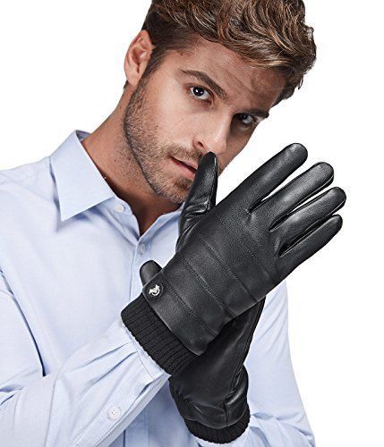 LETHMIK Touchscreen Faux Leather Gloves Mens Warm Winter Driving with Elastic Kn