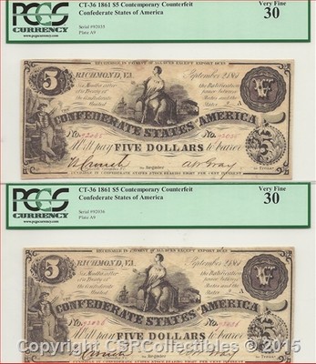 Contemporary Counterfeit Confederate Lot - $5.00 - 10 Consecutive - RARE!!!!
