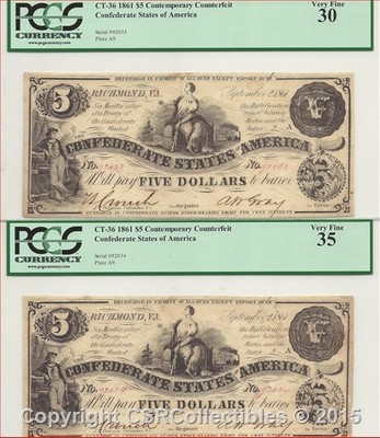 Contemporary Counterfeit Confederate Lot - $5.00 - 10 Consecutive - RARE!!!!