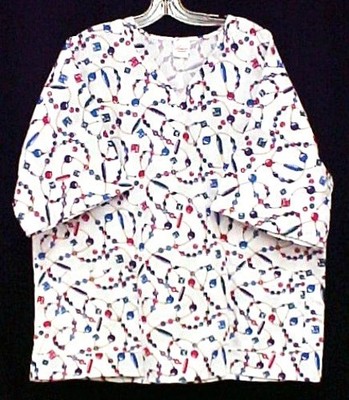 Print Scrub Top M V Neck Gems Jewels Beads Necklace Cotton Blend 2 Pockets New