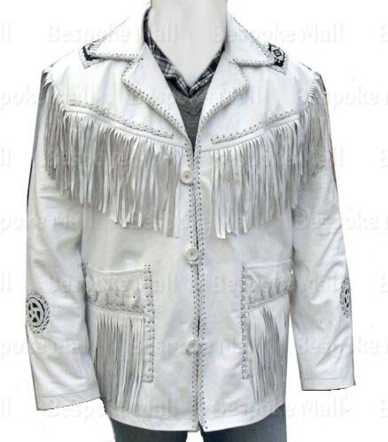 Pre-owned Handmade Men's White Western American Style Cowboy Leather Jacket Fringes Patches-26