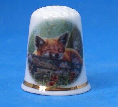Birchcroft China Thimble -- Sleepy Fox Cub  -- Free Dome Box