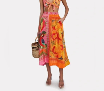 NEW FARM RIO MIXED SCARVES MIDI SKIRT PARROT PRINT POCKETS ORANGE SIZE S SMALL A