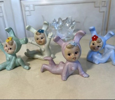 VTG ~Adsorbs! Pastel Easter MCM Anthropomorphic Pixie Bunny Girls Figurine Japan