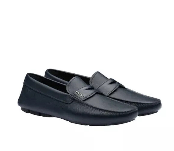 Pre-owned Prada Saffiano Navy Blue Leather Loafers 2dd151