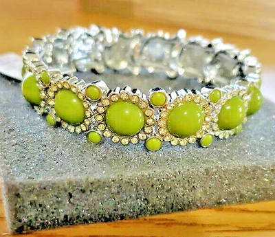 SALE NWT Lia Sophia Green Circle Clear Crystal Silver Stretch Tennis Bracelet