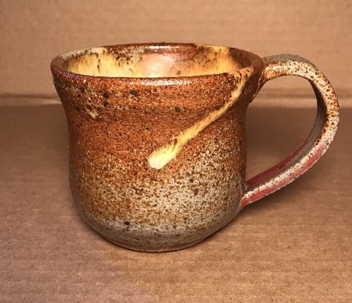 Hand Thrown Pottery Cup 8 Oz Brown Yellow Drip Splash Glaze 3-3/8