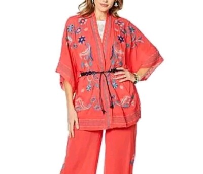 Curations Embroidered Gauze Kimono Fiery Coral 2X/3X NWT Open Front