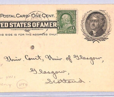USA Postal Stationery Card *CORNELL UNIVERSITY* Library 1900 Glasgow Uni YU76