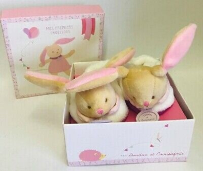 DOUDOU et COMPAGNIE PARIS~Rabbit~Slippers~Booties~Chausson Avec Hocket Rose~NIB
