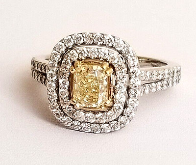 Natural Fancy Yellow Diamond Cushion Cut 14K Solid White Gold Ring Earth Mined