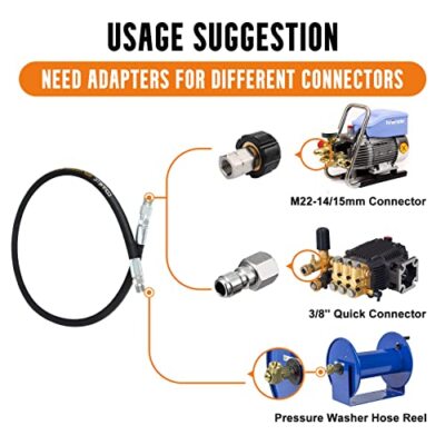 Pressure Washer Whip Hose 2 FT x 3/8 Inch Hose Reel Connector Hose for Pressu...