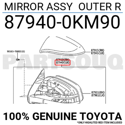 879400KM90 Genuine Toyota MIRROR ASSY OUTER R 87940-0KM90 | eBay