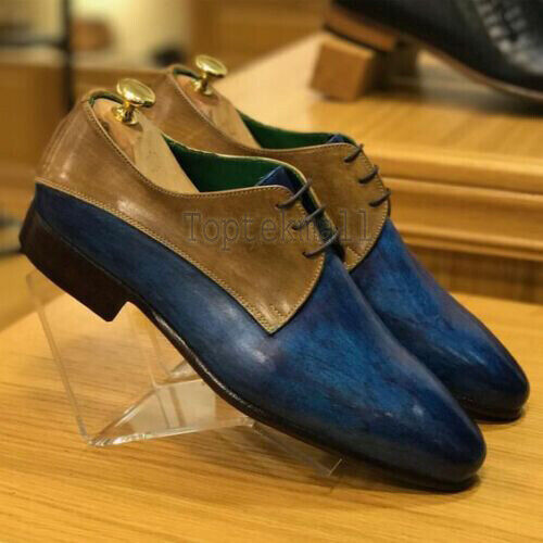 Pre-owned Handmade Men's Leather Blue Patina Derby Oxfords Dress Custom Made Shoes-972 In Two Tone