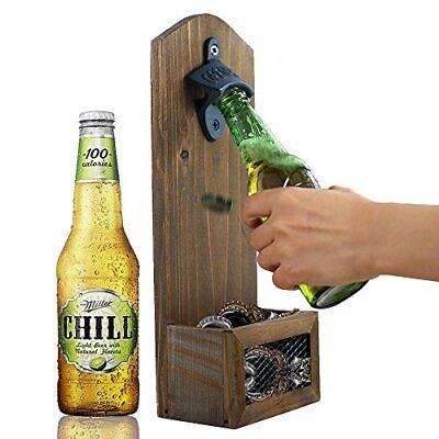 Wooden Wall Mounted Bottle Opener with Cap Catcher - Rustic Beer Lover Gift