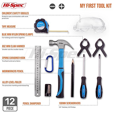 Hi-Spec 12 Piece Young Builder's Tool Set Tool Belt with Real Hand Tools, Eye