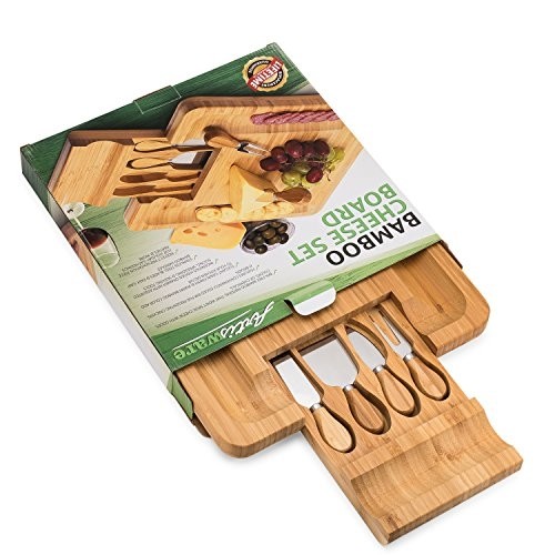 Bamboo Cheese Board Set With Cutlery In Slide-Out Drawer StainlessSteel Utensils
