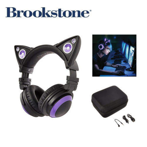 Brookstone Cat Ear Wired Headphones W/Case Mic, Working Purple | eBay